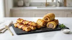 Ένα φύλλο σφολιάτας, δύο σνακ: cheese twists με μπέικον και πιροσκί με λουκάνικο